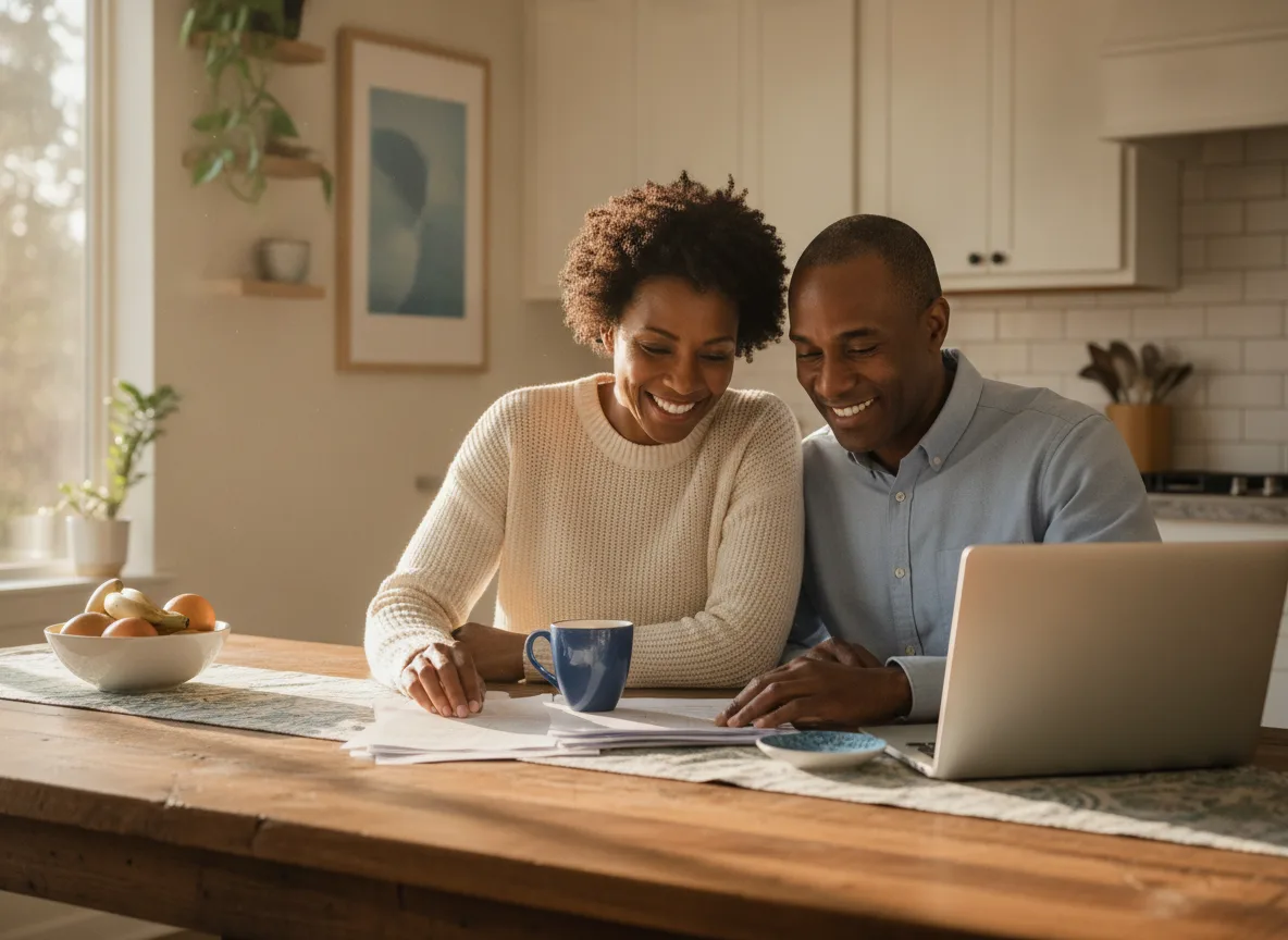Couple reviewing paperwork together at home in Fort Worth and Keller