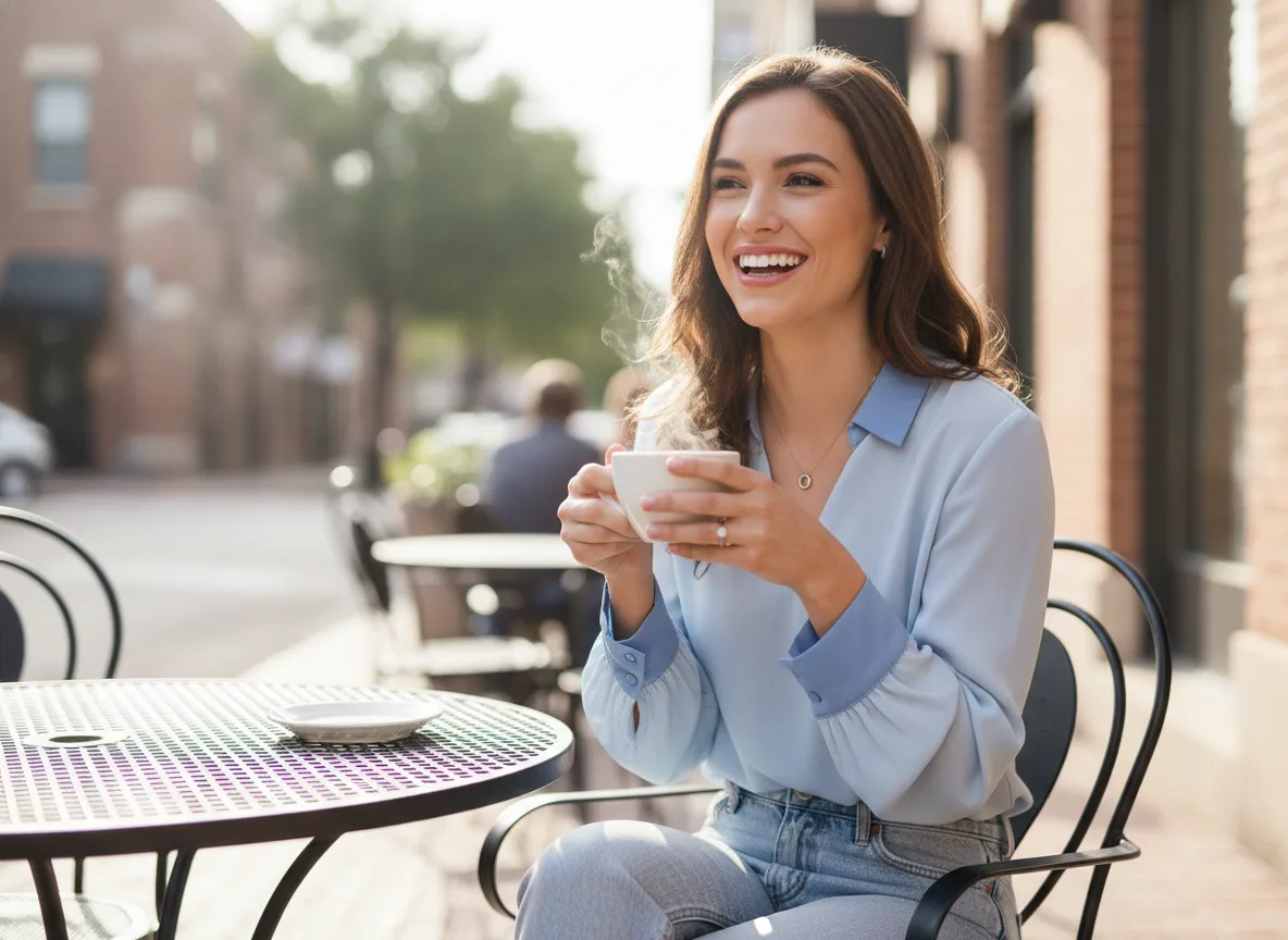Smiling patient enjoying coffee in Fort Worth and Keller